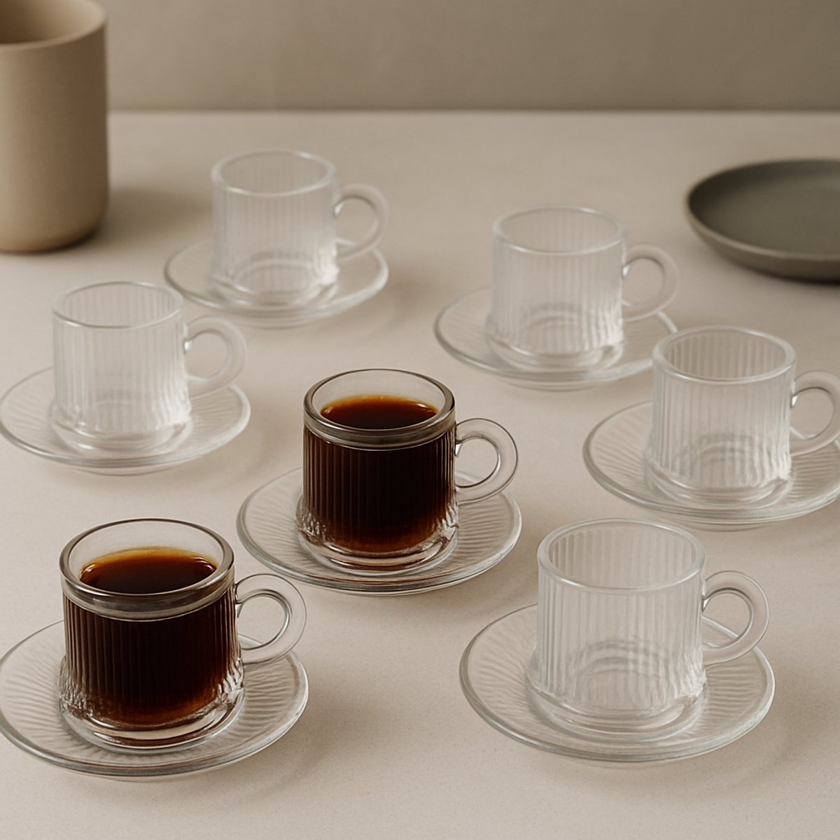 Espresso Kopjes 60 ml – Elegant Geribbeld Glas – Set van 6 met Schoteltjes