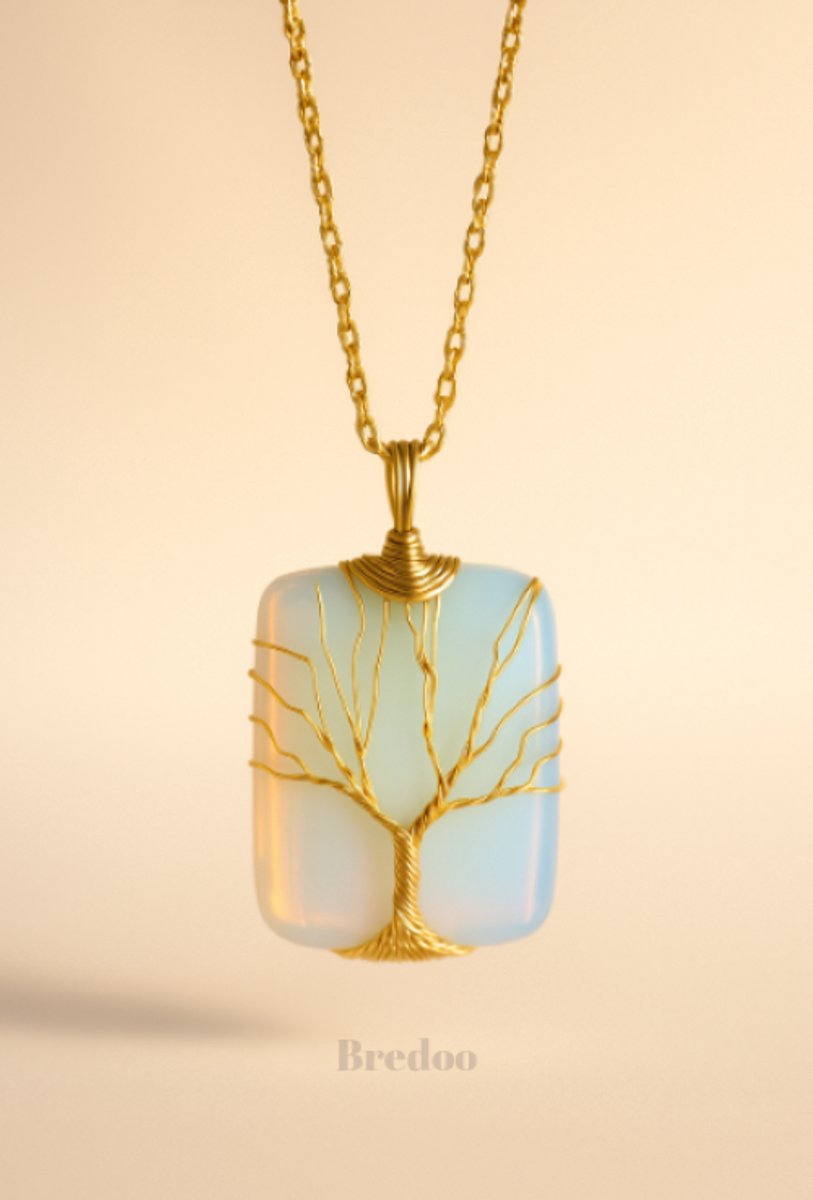Opaliet dames ketting - Bredoo Edelsteen hanger - Kristal gewrapt in goudkleurig stainless steel - Amulet kristal vorm - Bohemian stijl - Tree of life - Edelstenen en mineralen