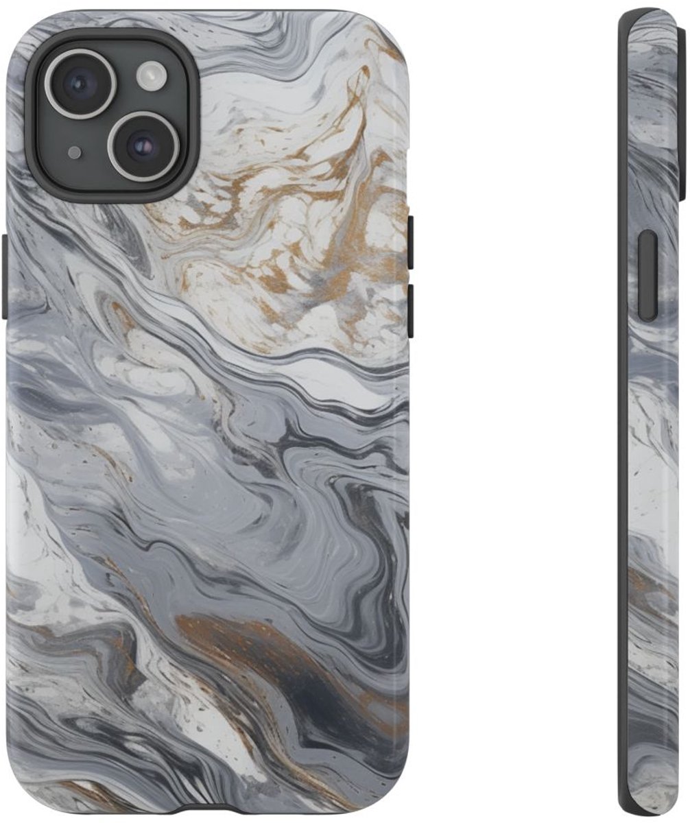 Grijze en Gouden Marmerwerveling – Telefoonhoesje Geschikt voor iPhone 15 Plus