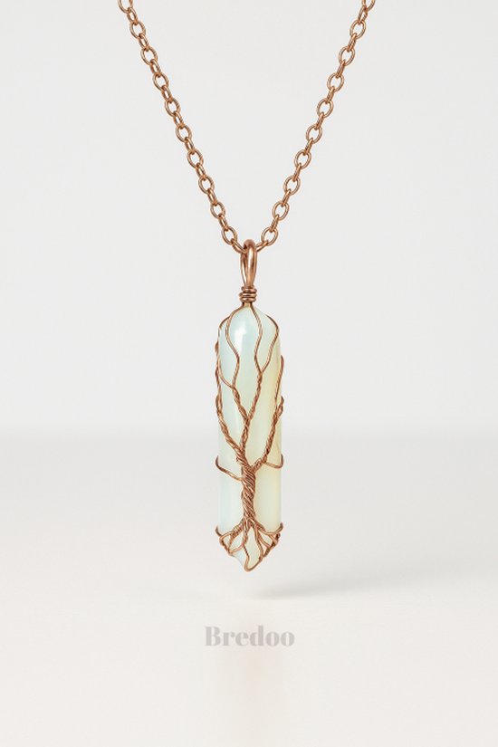 Opaliet dames ketting - Bredoo Edelsteen hanger - Kristal gewrapt in koper - Dubbeleinder kristal vorm - Bohemian stijl - Tree of life - Edelstenen en mineralen