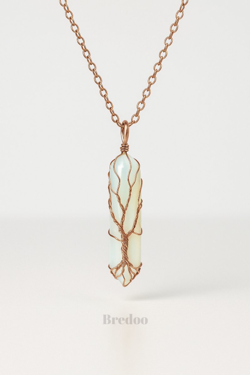 Opaliet dames ketting - Bredoo Edelsteen hanger - Kristal gewrapt in koper - Dubbeleinder kristal vorm - Bohemian stijl - Tree of life - Edelstenen en mineralen