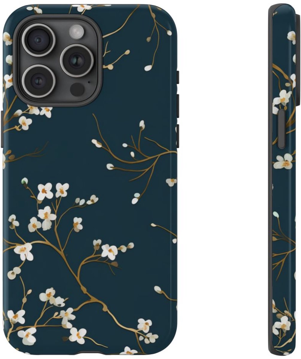 Witte Bloesemtakken op Donkerblauw – Telefoonhoesje Geschikt voor iPhone 15 Pro Max