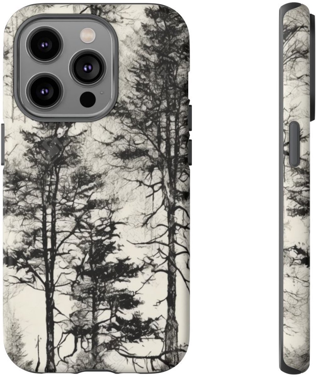 Zwart-Wit Boompatroon – Telefoonhoesje Geschikt voor iPhone 14 Pro