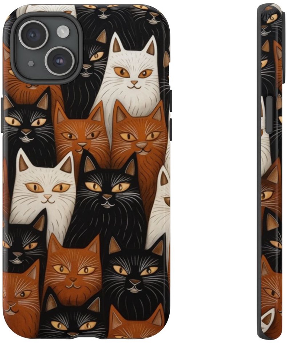 Zwart-Bruin-Wit Kattenpatroon – Glanzend Stevig Hoesje Geschikt voor iPhone 15 Plus