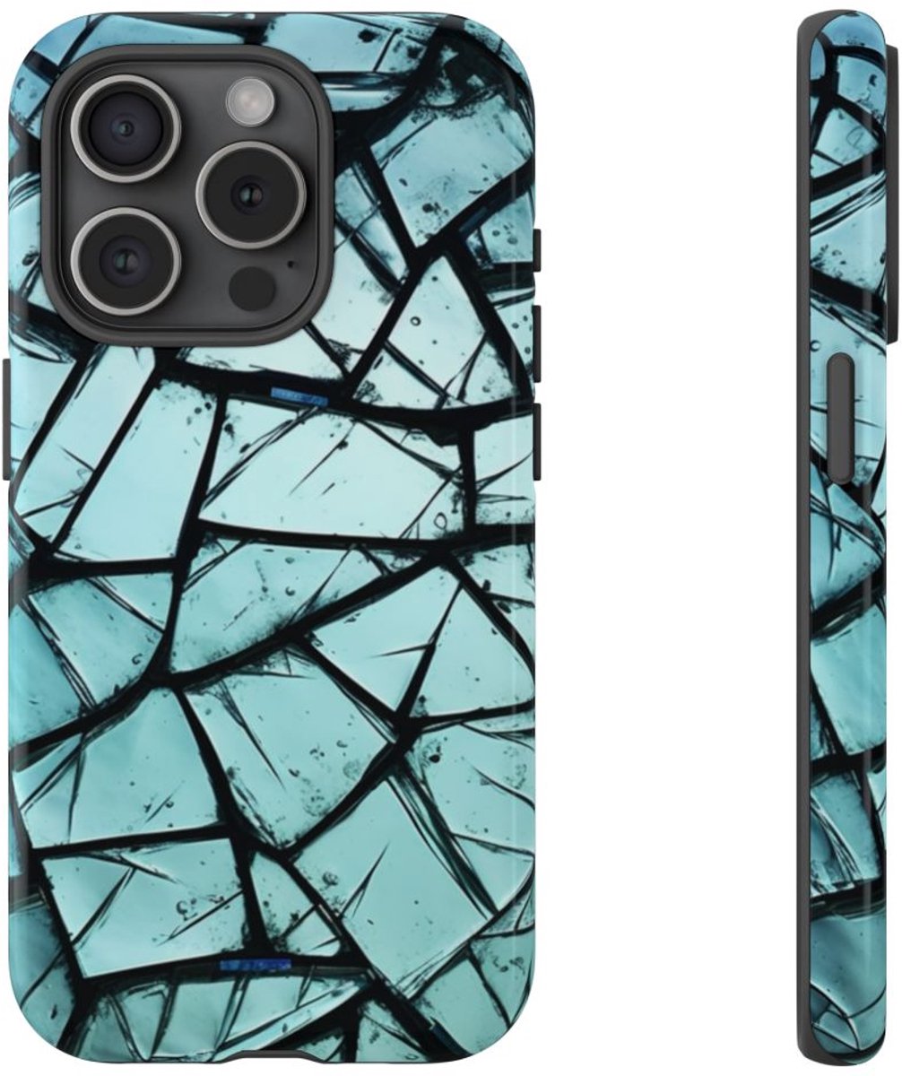 Blauw Gebroken Glaspatroon – Telefoonhoesje Geschikt voor iPhone 15 Pro