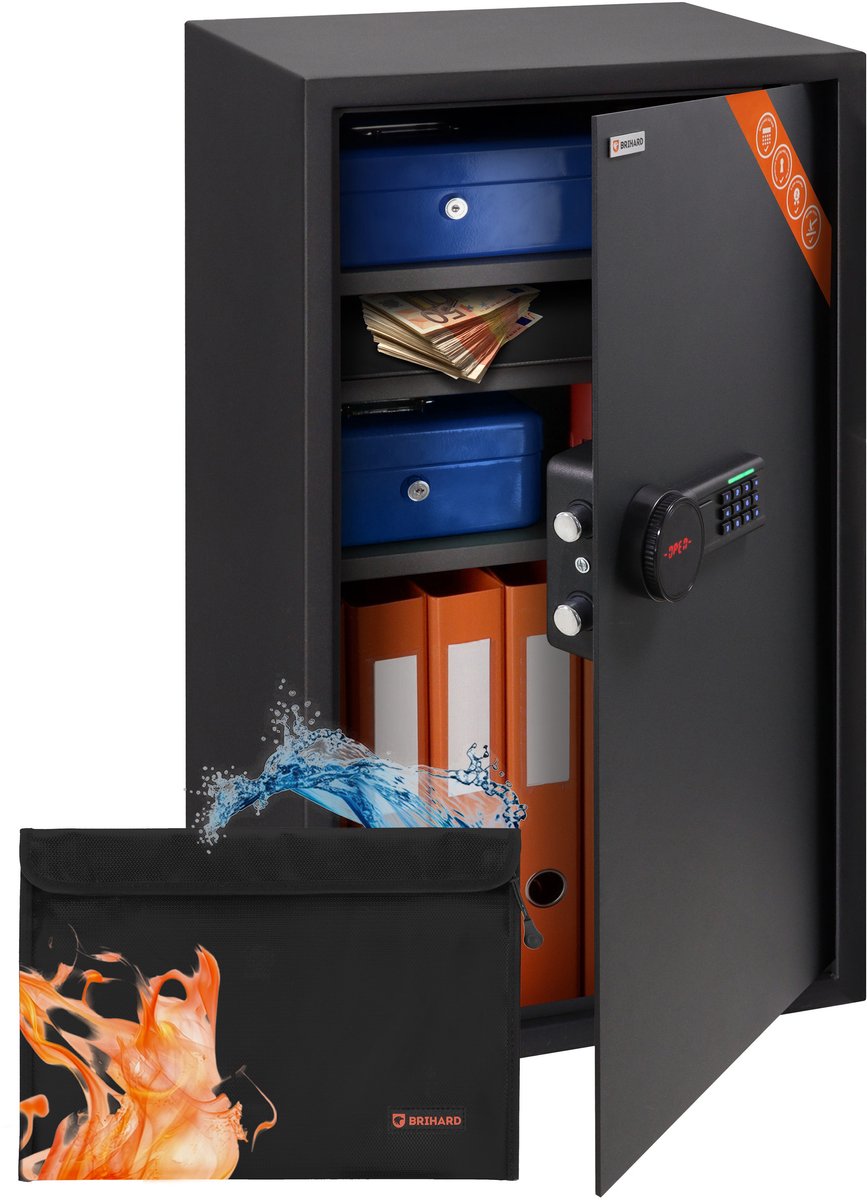 Brihard Business XXL LCD E Black Pearl Kantoorkluis voor Ordners en Documenten Elektronisch Slot met LCD Display en LED Verlichting Inclusief 3 Verstelbare Planken en Brandwerende A4 Tas 4mm Stalen Deur Inbraakwerende Archiefkluis Zwart Satijn
