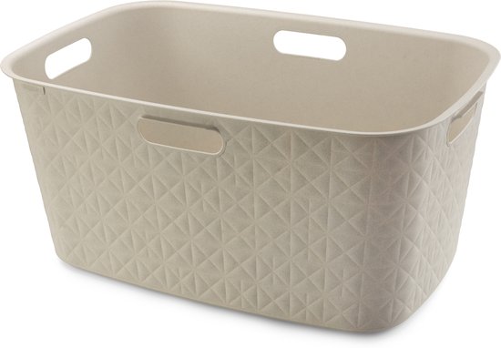 Crèmekleurige wasmand met geometrisch patroon en vier handgrepen.