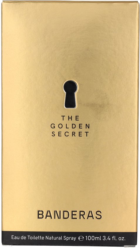 Gouden parfumdoos met sleutelgat en "THE GOLDEN SECRET" en "BANDERAS".