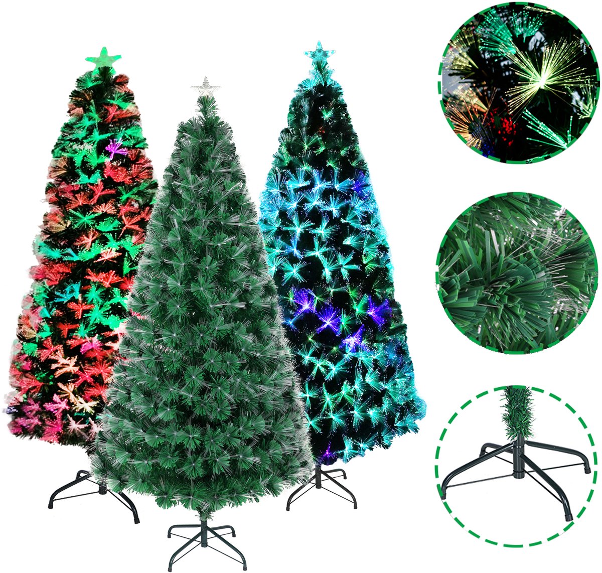 Kleurrijke glasvezel LED-kerstboom 180 cm hoog met sparrenvezels en standaard voor thuis of kantoor.