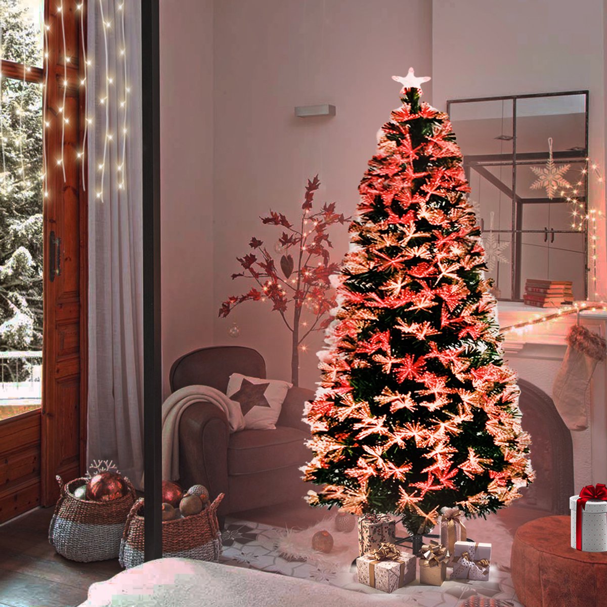 Kunstkerstboom met verlichting 180cm met dennennaalden en sparrenvezels kleurrijke glasvezel LED-kleurveranderende kerstboom kantoor thuis kerstversiering met standaard – foto 4