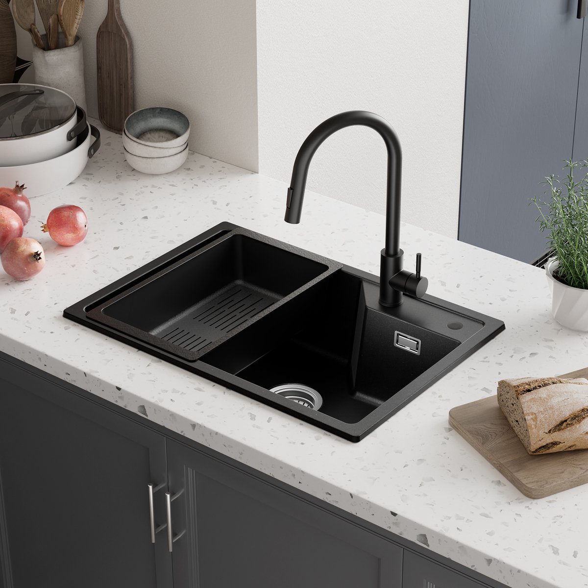 Sofetiy Max Granieten Spoelbakken (65*45cm) - Spoelbak Keuken Zwart - Wasbak Keuken Met Waterafvoersysteem en Afdruiprek