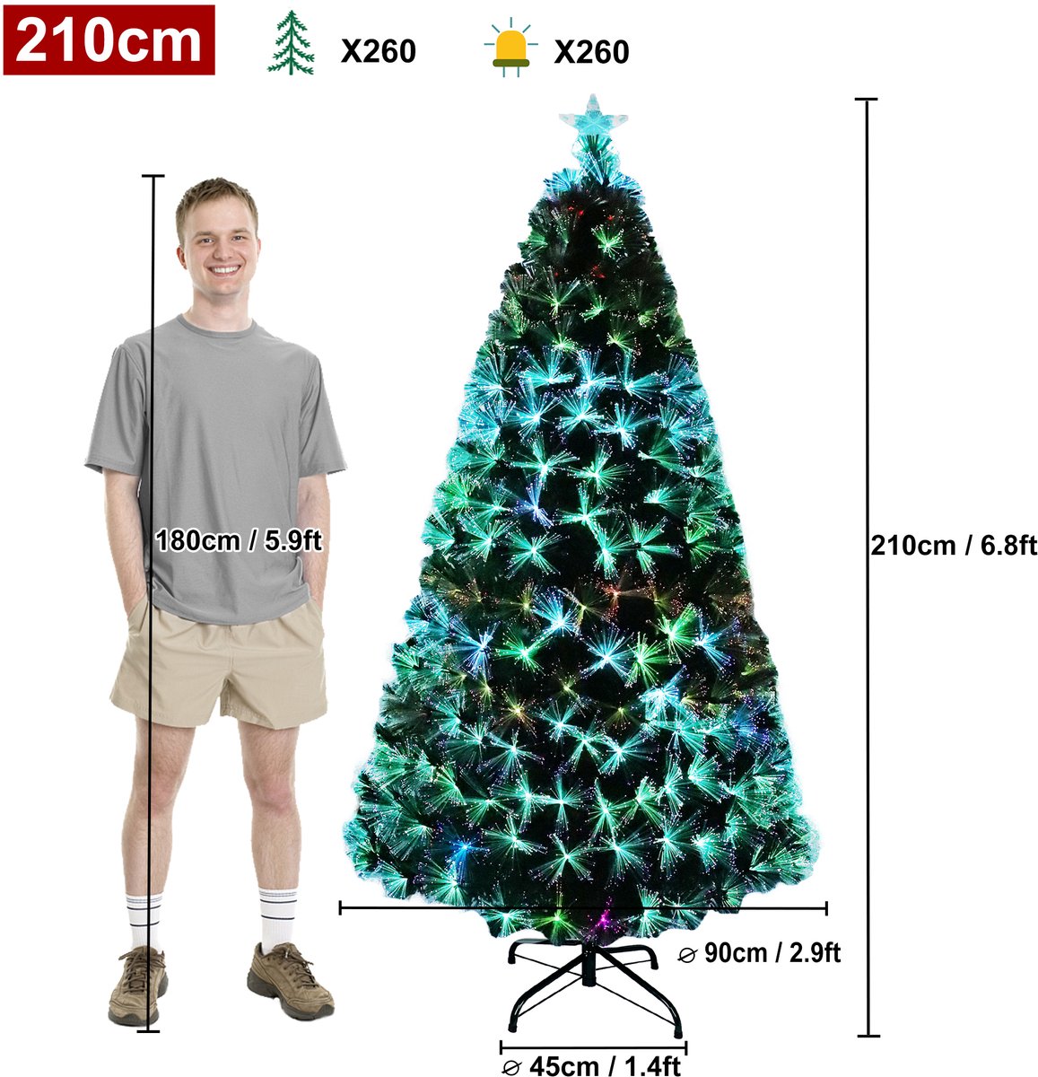 Kunstkerstboom met verlichting 210cm met dennennaalden en sparrenvezels kleurrijke glasvezel LED-kleurveranderende kerstboom kantoor thuis kerstversiering met standaard – foto 2