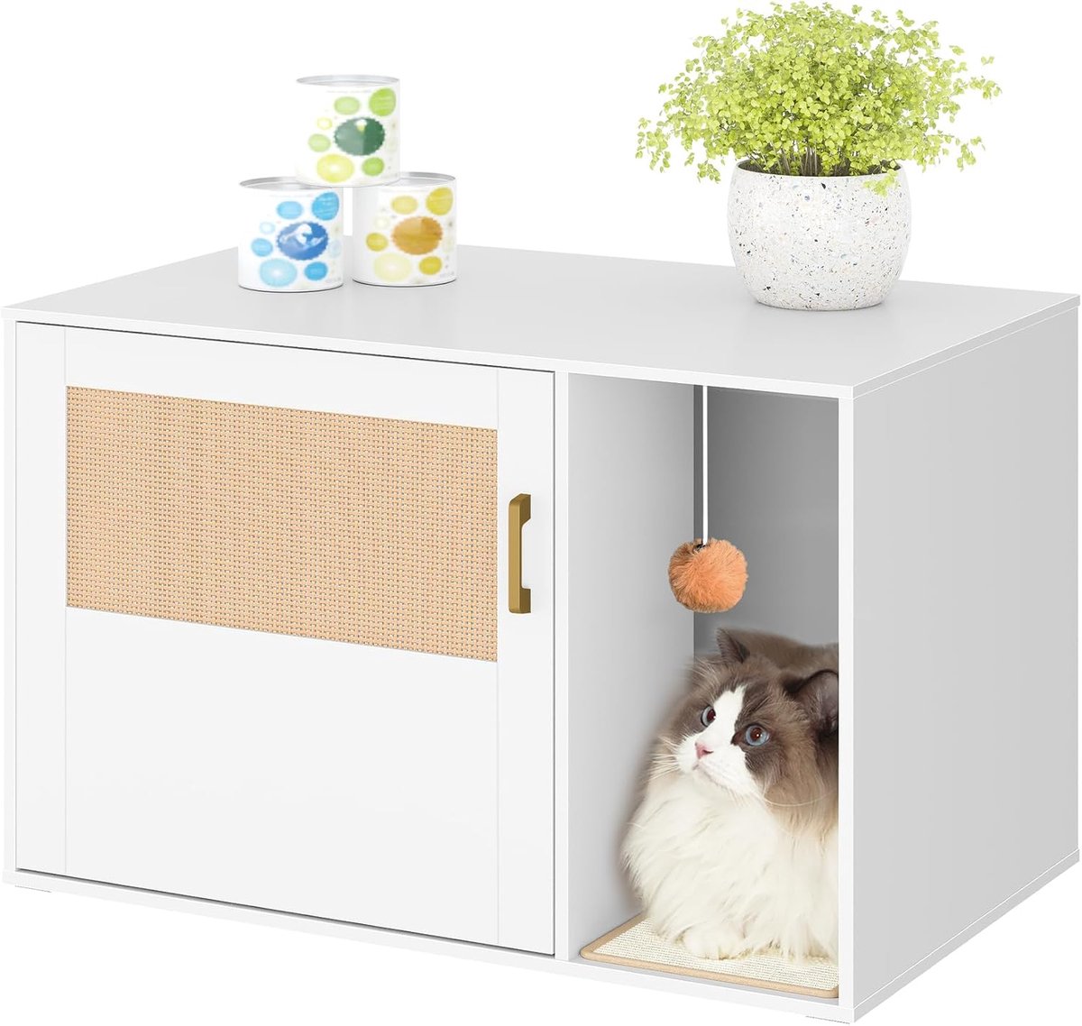 Greige kattenkast met rotandeur – Verborgen kattenbak, boho-stijl, inclusief opslag ECB05605X