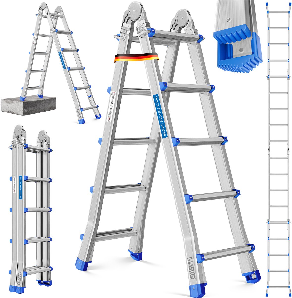 MASKO® telescopische ladder aluminium multifunctionele ladder 5,10m 4x5 sporten Werkladder, vouwladder, enkele ladder, dubbelzijdige trapladder - Zilver / Blauw
