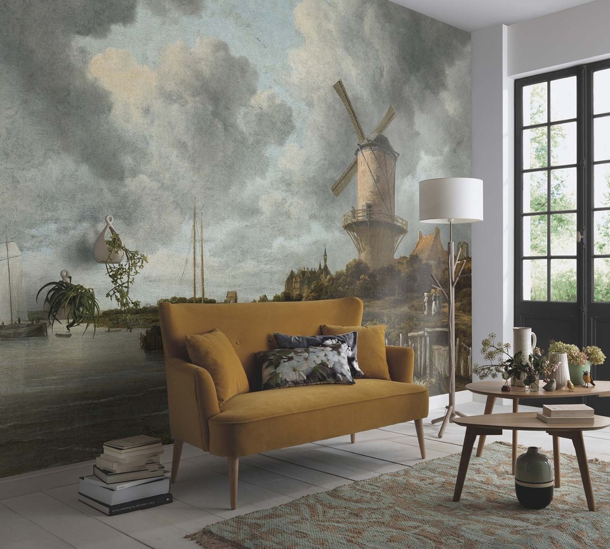 Landschapsmotief vliesbehang in taupe