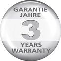 Ronde grijze afbeelding met tekst 'GARANTIE JAHRE 3 YEARS WARRANTY'.