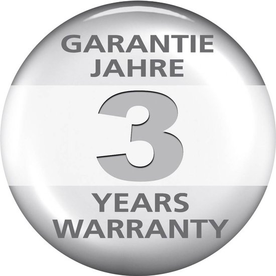 Ronde grijze afbeelding met tekst 'GARANTIE JAHRE 3 YEARS WARRANTY'.