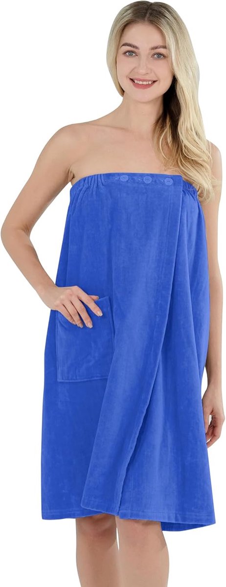 Zachte badjas met knopen, zakken, voor douche, strand, zwembad, polyester, blauw - 80X145CM