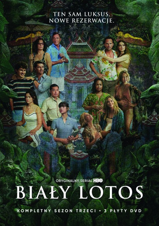 Poster van "Biały Lotos", een HBO-serie, met een groep mensen in een weelderige, tropische omgeving. Tekst: "Ten sam luksus. Nowe rezerwacje."