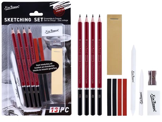 Set de croquis 13 pièces avec crayons graphite HB, 2B, 4B et 6B, bâtons de graphite, gommes, taille-crayon et estompeurs.