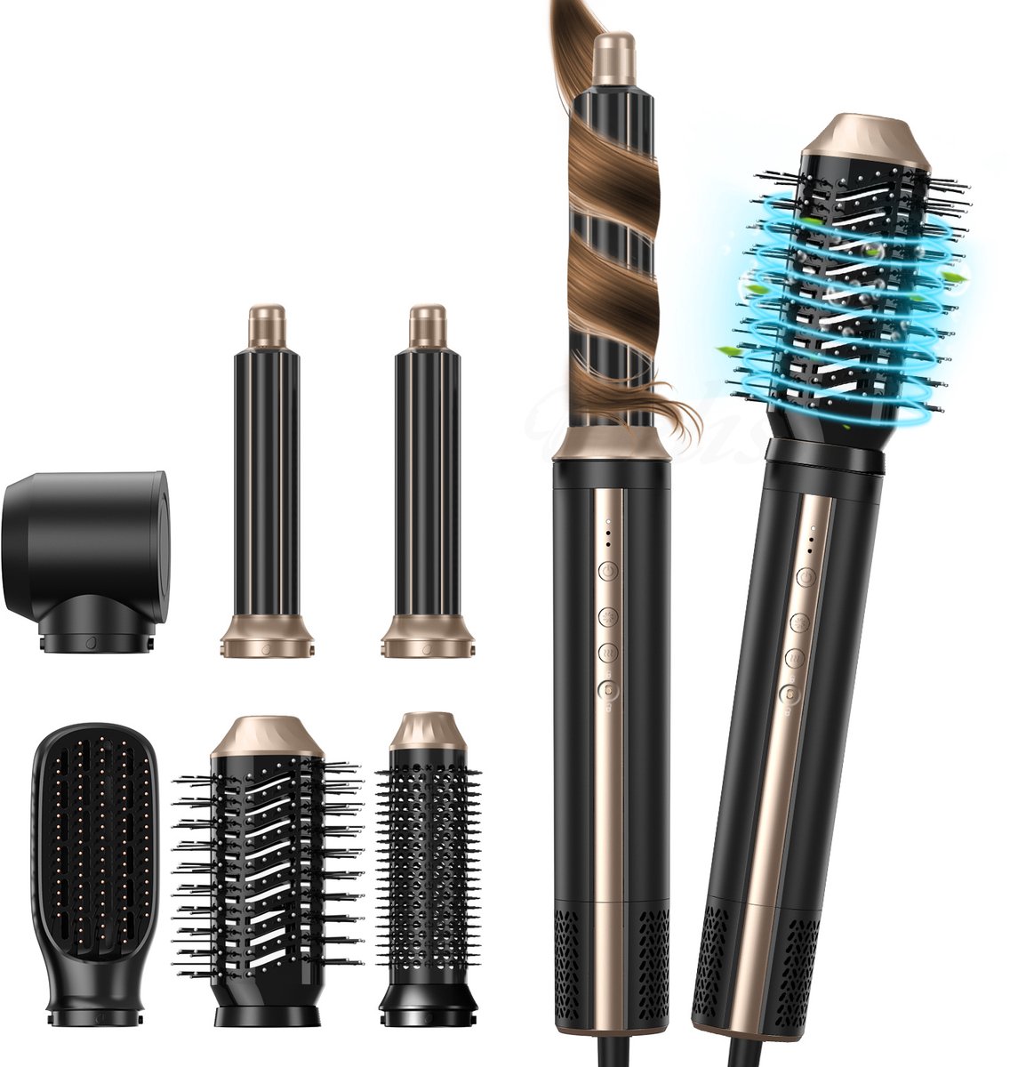 6-in-1 Multistyler Föhnborstel – Krultang + Stijltang + Ionentechnologie – Voor Glad & Volume Haar – 70°C–110°C – Inclusief Handschoen