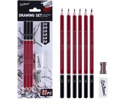 Grafietpotloden - set van 6 stuks - inclusief gum en puntenslijper - Schetspotloden - Tekenpotloden - 2H, HB, 2B, 4B, 6B en 8B