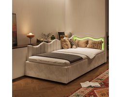 Kinderbed Eenpersoons gestoffeerd bed 90x200 cm met LED-verlichting - Slaapbank, Design L verwisselbaar, Beige Fluweel, voor Meisjes en Tieners(Zonder Matras)