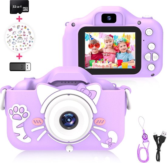Ilona® Digitale Kindercamera HD 1080p inclusief Frozen stickervel - Speelgoedcamera - 32GB micro sd kaart - Fototoestel Voor Kinderen - Paars