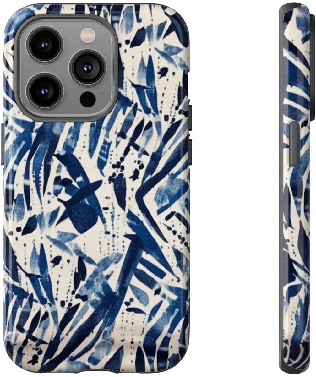 Blauw Abstract Penseelstrepenpatroon – Telefoonhoesje Geschikt voor iPhone 14 Pro
