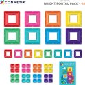 Set van 48 Connetix magnetische tegels in een doos: vierkanten en kleine vierkanten in rood, roze, oranje, geel, groen, cyaan, blauw en paars.