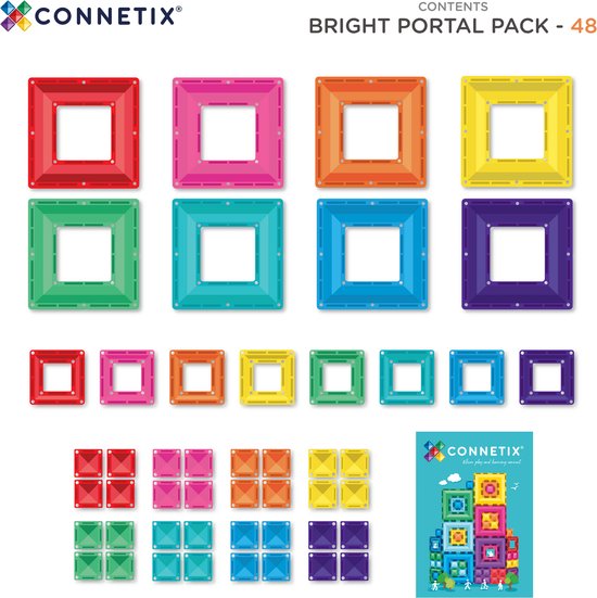 Set van 48 Connetix magnetische tegels in een doos: vierkanten en kleine vierkanten in rood, roze, oranje, geel, groen, cyaan, blauw en paars.