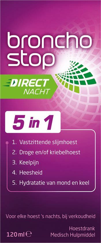 Paarse verpakking Bronchostop Direct Nacht hoestdrank 120ml. Groene pijl en '5 in 1' voor nachtelijke hoest, met opsomming van 5 voordelen.