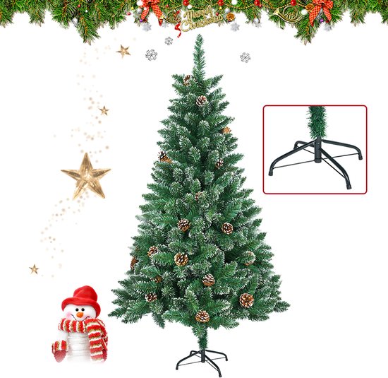 180cm Kunstkerstboom met lichtgevende groene PVC met sneeuweffect & dennenappels LED PVC kerstboom dennenboom decoratieve boom met standaard Kerstversiering voor kerstversiering