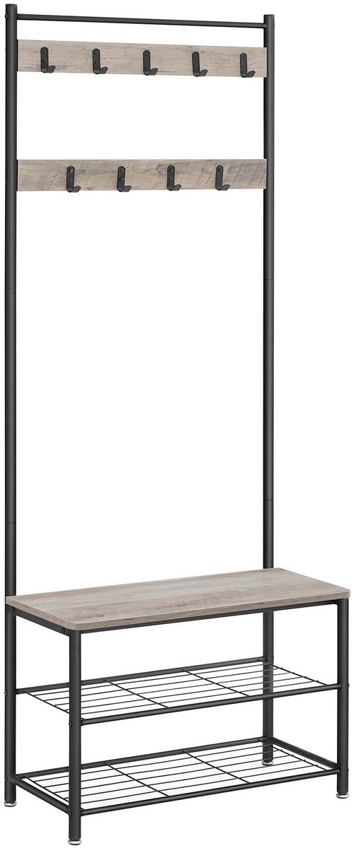 Kapstok en multifunctioneel halmeubel met schoenenbank, dubbel metalen schoenenrek en 9 afneembare haken, industrieel design, stevig metalen frame, geschikt voor gang en slaapkamer, 32 x 70 x 175cm, grijs + zwart