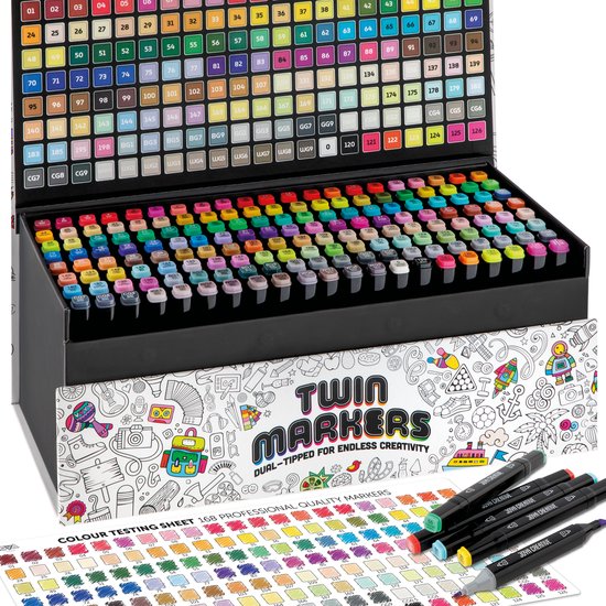 NASSAU FINE ART Duo Marqueurs 168 pièces pour adultes - dans une boîte de transport pratique - Marqueurs à Alcohol - Crayon de couleur - Feutres Fineliner - feutres épais - Pinceaux - Surligneurs