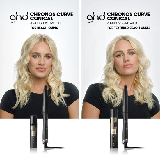 Twee vrouwen met blond golvend haar. Links 'curly ever after for beach curls', rechts 'curls gone wild for textured beach curls'.