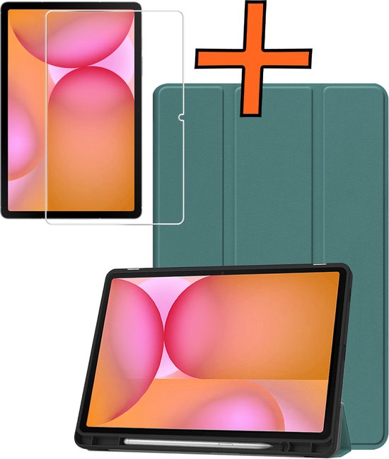 Hoesje - Geschikt voor Samsung Galaxy Tab S10 Lite - Met Screenprotector - Trifold Bookcase - Hard Cover Case - Met Uitsparing Geschikt voor S Pen - Hardcover Book - Tablet Hoes - Donkergroen