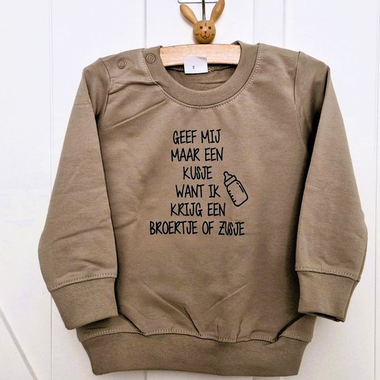 Shirt trui sweater tekst voor kind baby Aankondiging zwangerschap kusje broertje zusje Ik word grote zus / broer beige maat 86 zwanger geboorte cadeau zwangerschap aankondiging bekendmaking Baby big sis sister