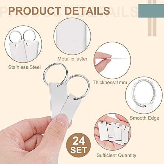 MUYAPAY 24 stuks roestvrijstalen hangers in wit, rond, rechthoekig, vorm, hart, 3 maten, personaliseerbaar, hondenpenning met gravure, sleutelhanger van roestvrij staal