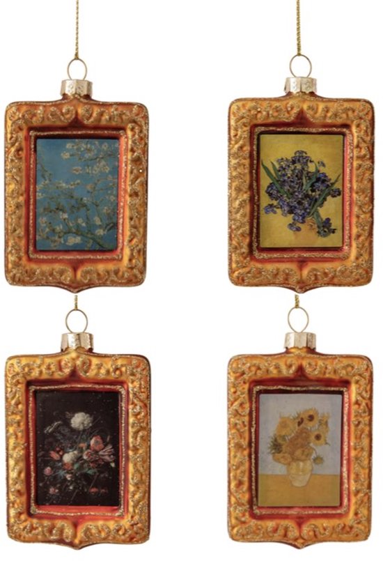 Kunsttegeltje.nl - Kerstballen set - 4 stuks - Van Gogh schilderijtjes - Bloemen thema - Decoratie kerstboom