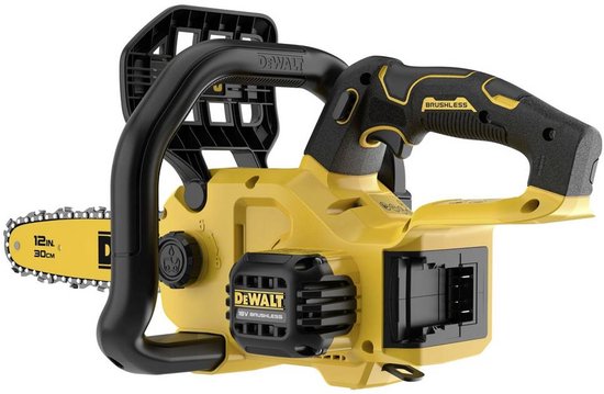 Gele DeWalt accukettingzaag met 30cm zwaard, zwart handvat en batterijcompartiment.