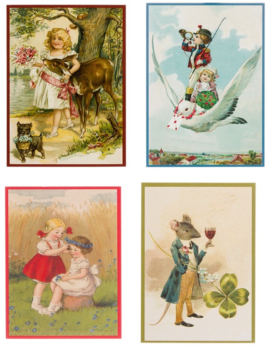 Nostalgische kaarten - 4 stuks - Franz_Josef - Klassieke Vintage afbeeldingen - nostalgische ansichtkaarten - prentbriefkaart - dieren - kinderen - Feestelijk - verjaardag -Oude Brocante briefkaarten