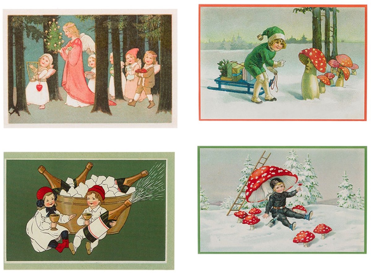 Nostalgische kerstkaarten - 4 stuks - Franz_Josef - Klassieke Vintage afbeeldingen - Winter - Sneeuw - Feestelijk - Jaarwisseling - Oude Brocante kerstkaarten 15X10,5 en 14X9
