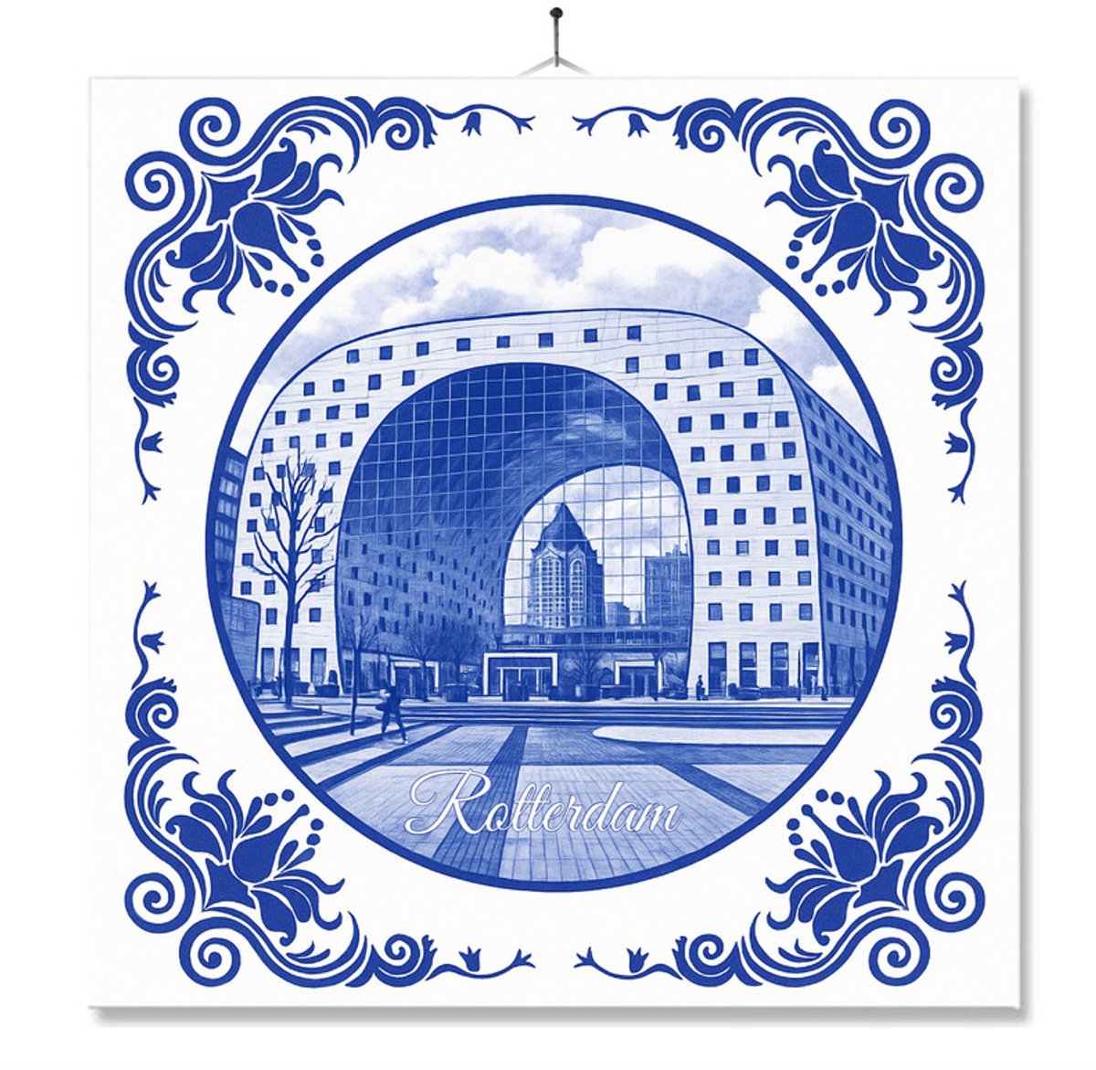 Tegel Met Opdruk | Rotterdam | Delft Blauw | Cadeau | Inclusief Geschenkdoos | Standaard | Ophangsysteem