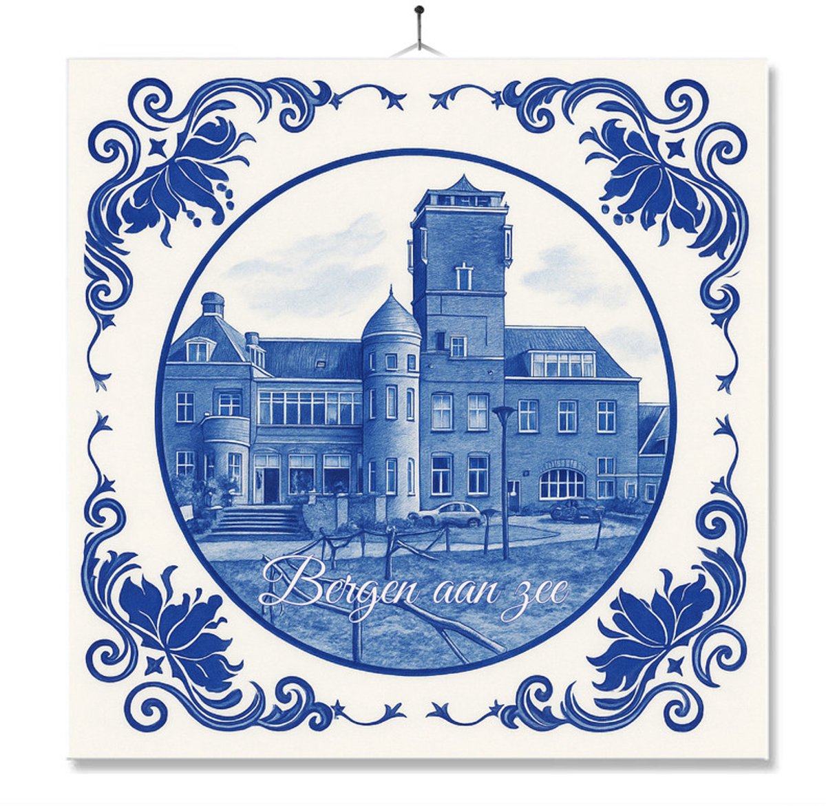 Tegel Met Opdruk | Bergen Aan Zee | Delft Blauw | Cadeau | Inclusief Geschenkdoos | Standaard | Ophangsysteem