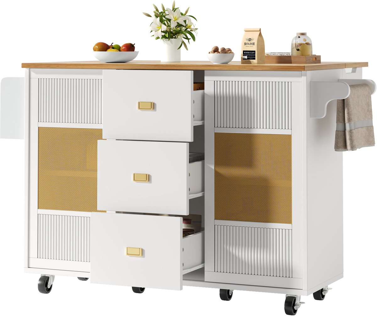 Merax Keukeneiland - Buffetkast en Keukenmeubel met Opbergruimte - Uitklapbaar Tafelblad - Met Wieltjes - Handdoekhouder en Kruidenrek - 147x70x90 cm - Wit
