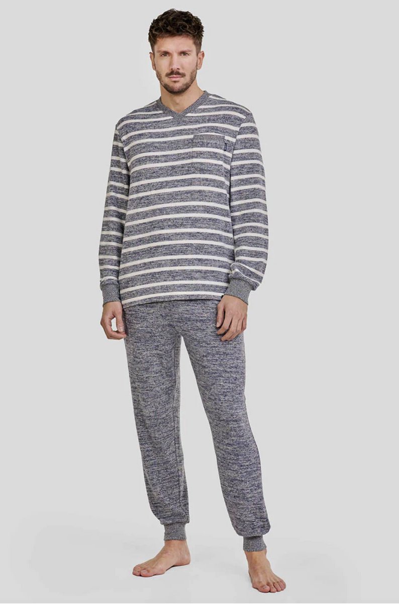 LOHE - Herenpyjama – Lange Mouwen – Blauwgrijs Gestreept – Zachte & Rekbare Stof - XXL