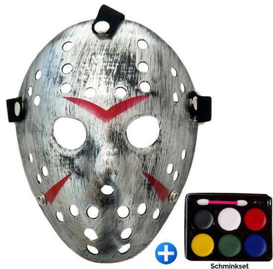 Zilverkleurig TECQX Jason Voorhees masker met rode accenten en een bijpassende 6-kleuren schminkset.