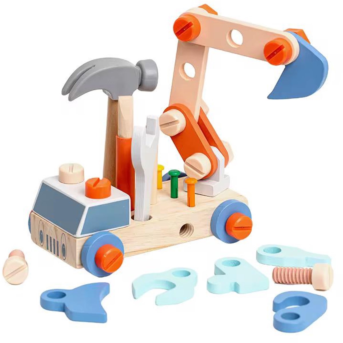 Houten Bouwvoertuig met Gereedschap - Montessori Constructiespeelgoed - Educatief Speelgoed voor Kinderen 3+ Jaar
