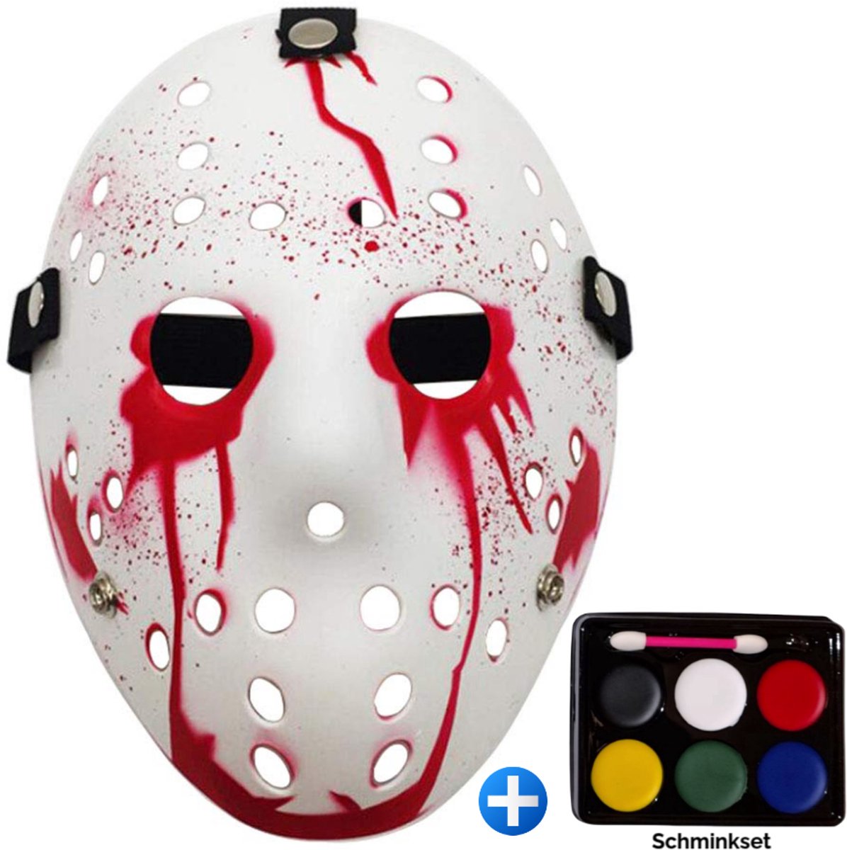 TECQX Jason Voorhees Hockey Masker - Halloween Masker - Inclusief Schminkset 6 kleuren - Horror Film Friday The 13th - Cosplay Masker - Verkleedmasker - Wit met Rood Bloed